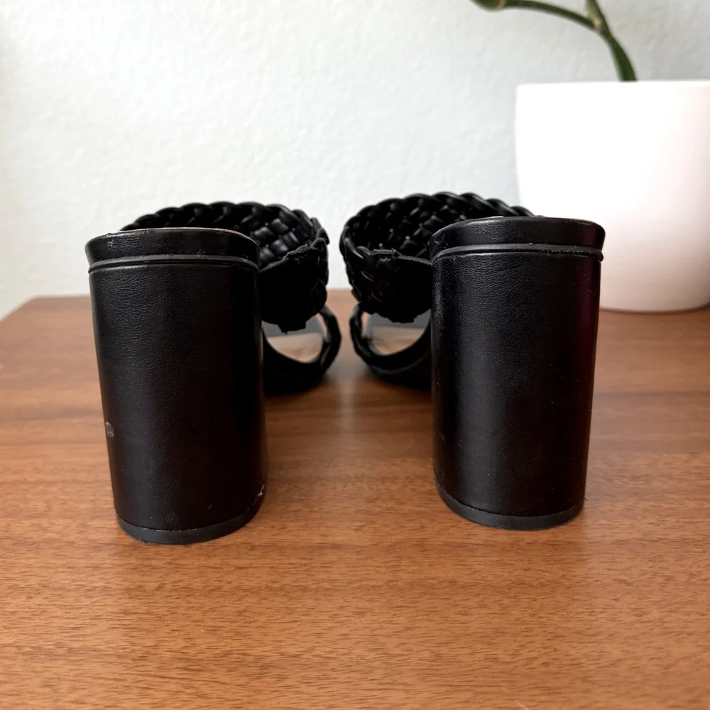 Bamboo Black Woven Braided Square Toe Block Heels Sandals Size 8.5 Vegan Leather - Picture 5 of 9